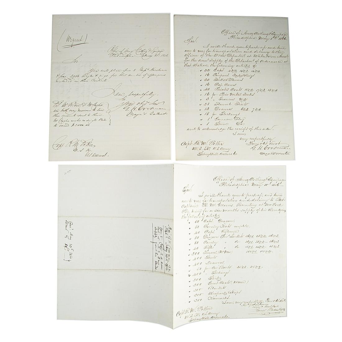 G. H. Crosman, Union Officer: Two LS, 1856: George Hampton Crosman (c.1798-1882) two Letters, signed, as Major and Quartermaster, dated at Philadelphia, comprising: 1) An order to send Horstmann & Sons, eagle and ring insignia to decorate an or