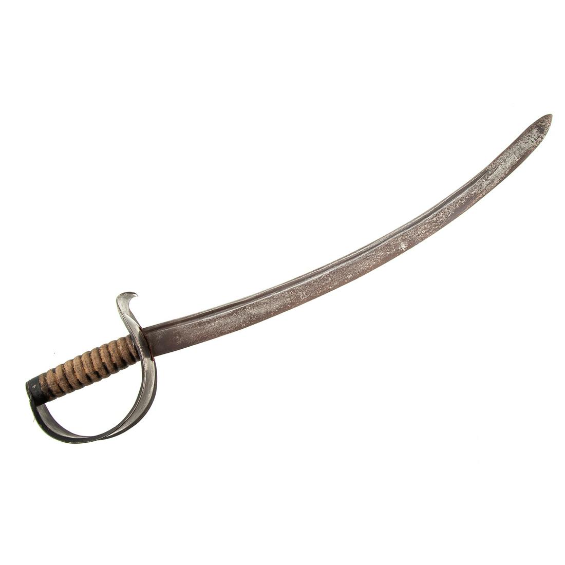 Starr Pattern American Navy Cutlass: Unmarked Starr cutlass, circa 1826: strongly curved heavy single-edged blade with single fuller, 24 3/4 in. L.; iron hilt with continuous broad counter guard and knuckle bow, bare fluted wood grip; 30