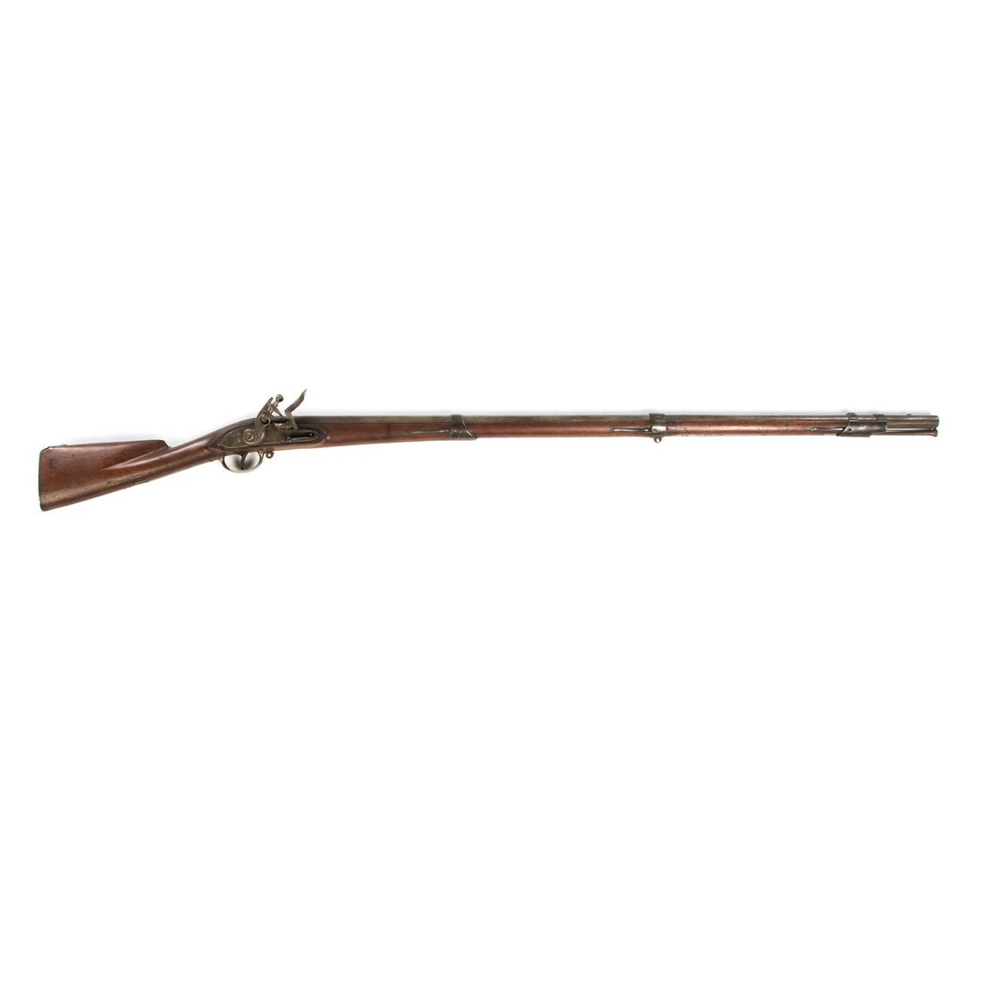U.S. Model 1798 Flintlock Musket: Maker unidentified, with round barrel marked "P," with trace of eagle's head, lug for bayonet near muzzle, 42 1/2 in. L.; three spring-catch barrel bands, the middle with eyelet for sling, the front w