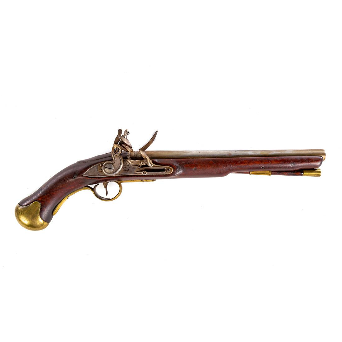 British Sea Service Flintlock Pistol, Tower Armory: About 1770: round barrel with clear proof marks, 12 in. L.; flint ignition with flat hammer, the lock plate stamped "Tower" and "GR" beneath crown; walnut stock with brass pommel and trigger guard, ir