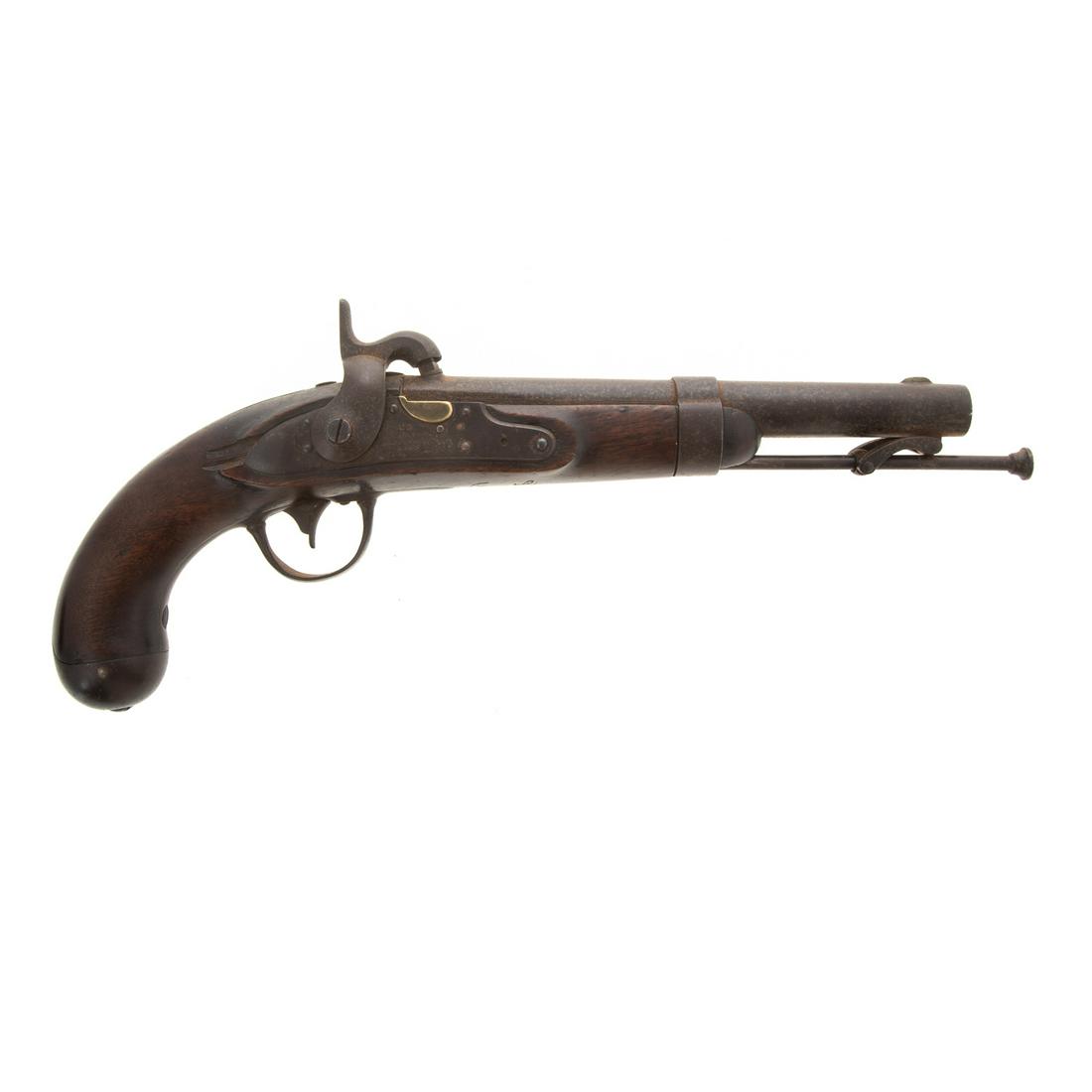 Model 1836 Robert Johnson Percussion Pistol: U. S. Government contract converted to percussion. Lock plate marked U. S. R. Johnson Midd. N. Conn 1843. Faint proof marks on left side of stock, 8 1/2" barrel. Initials carved into bottom of stock.