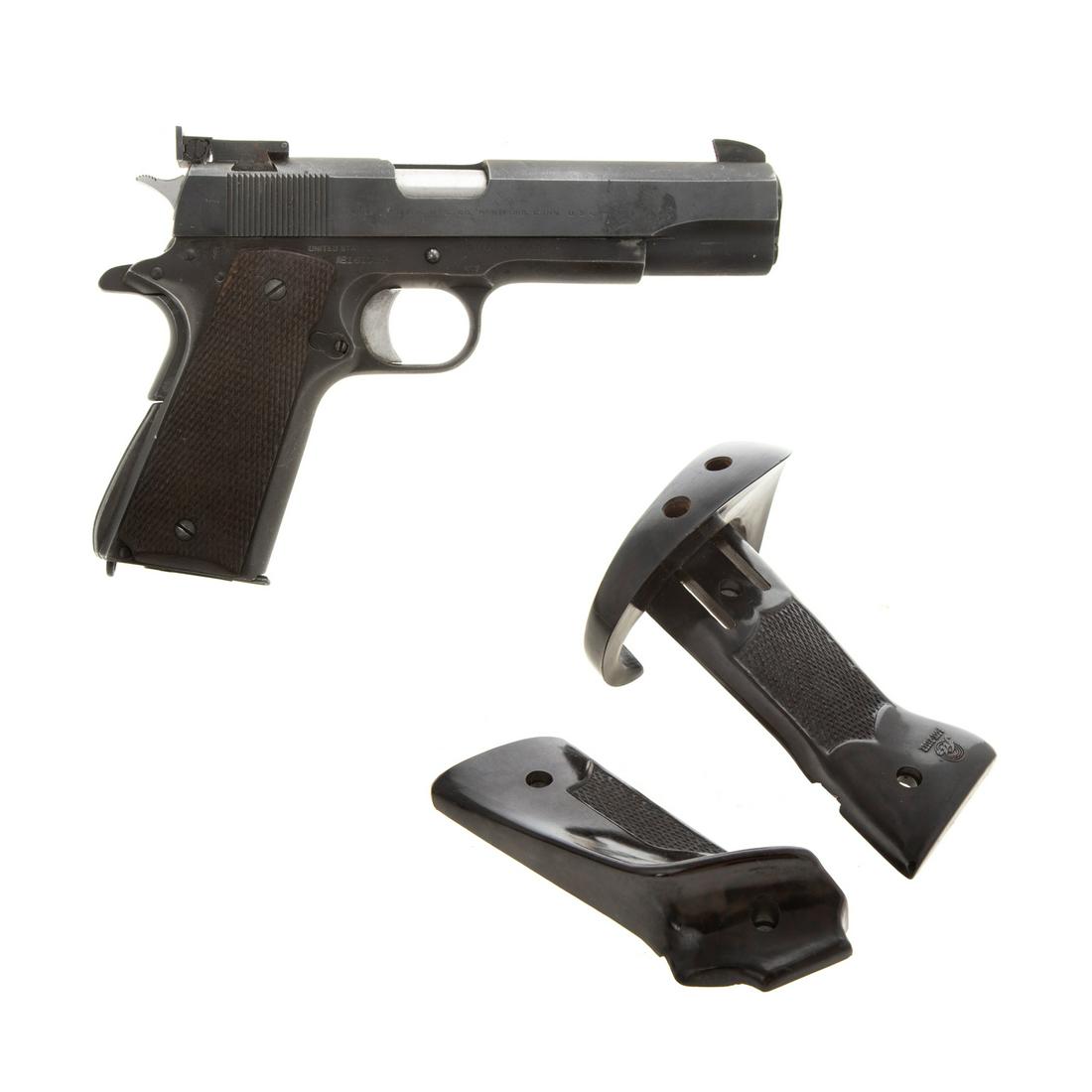 Colt Model 1911A Army Super Semi-Auto Pistol: 38 cal., serial number 1617194 for 1944 manufacture, marked United States property, proof marks on both sides of trigger guard, BO-Mar rear sight, possibly altered trigger, 1 mag and a pair of Fitz Ac