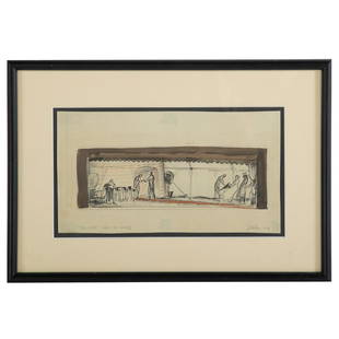 Joseph Mielziner. Set Design, "The Lake," ink: (French, 1901-1976). Pen and ink, watercolor on paper, 1933, pencil signed and dated "J Mielziner" lr, pencil titled "The Lake for Jed Harris" ll, from the production at the Martin Beck Theatre, stari
