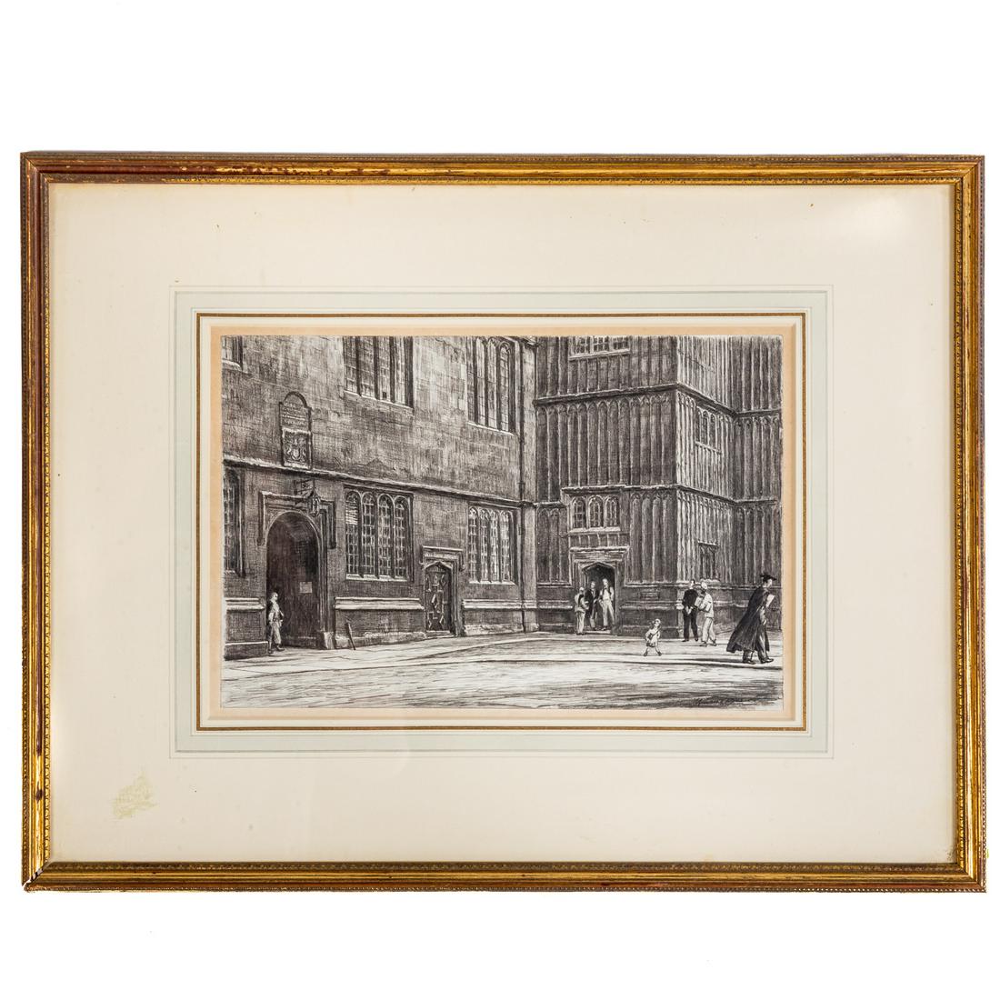 David Muirhead Bone. "...Bodelian Library, Oxford": (British, 1876-1953). "Entrance to the Old Bodelian Library, Oxford," graphite on paper, signed "Muirhead Bone" lr, 8 3/4 x 13 in., framed.