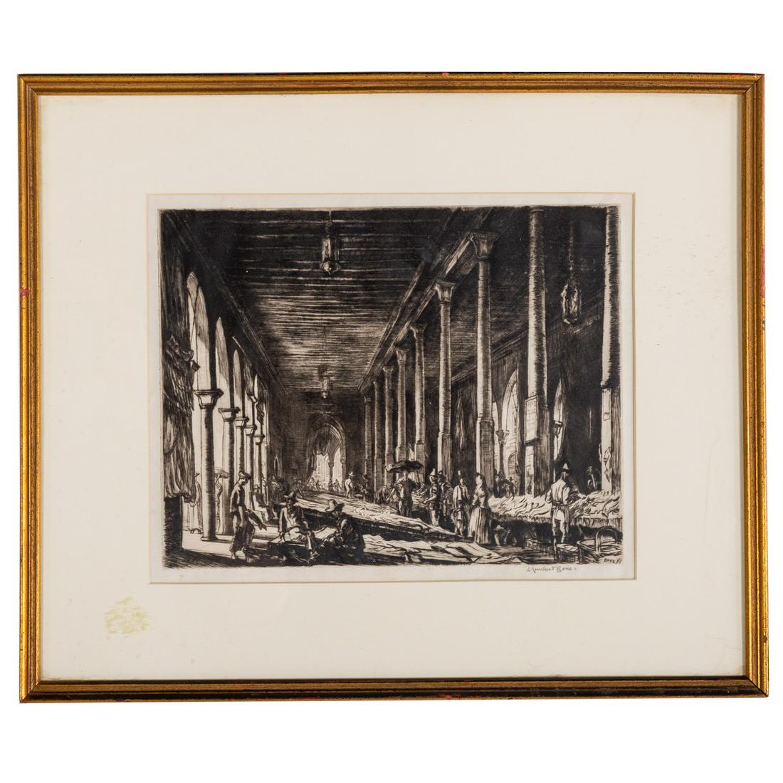 David Muirhead Bone."Fish Market no. 2, Venice": (British, 1876-1953). Etching, pencil signed "Muirhead Bone" lr, plate size: 9 x 11 1/2 in., framed.
