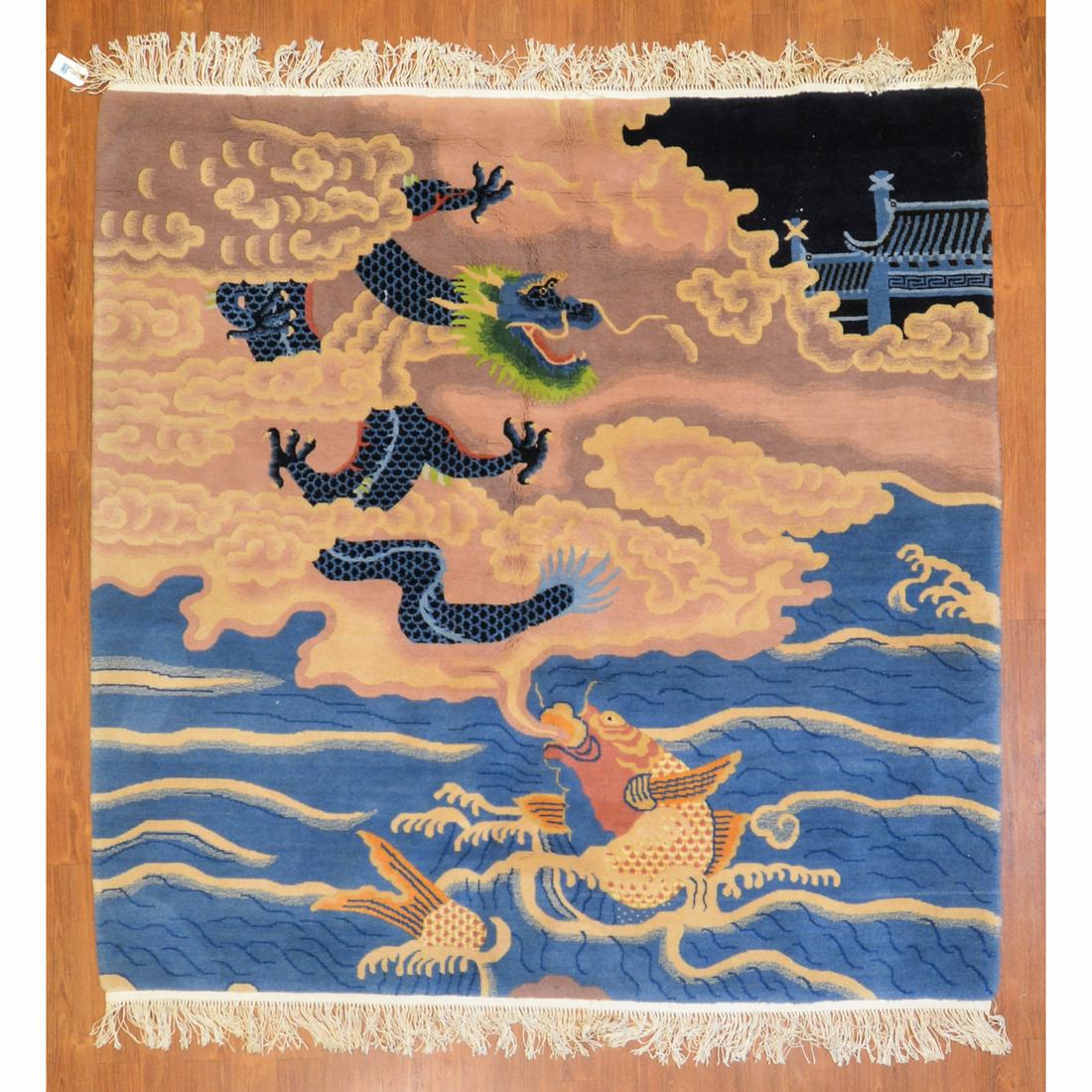 Tibetan Scenic Rug, Nepal, 6.6 x 6.6: Third quarter-20th century; hand-knotted, wool pile.