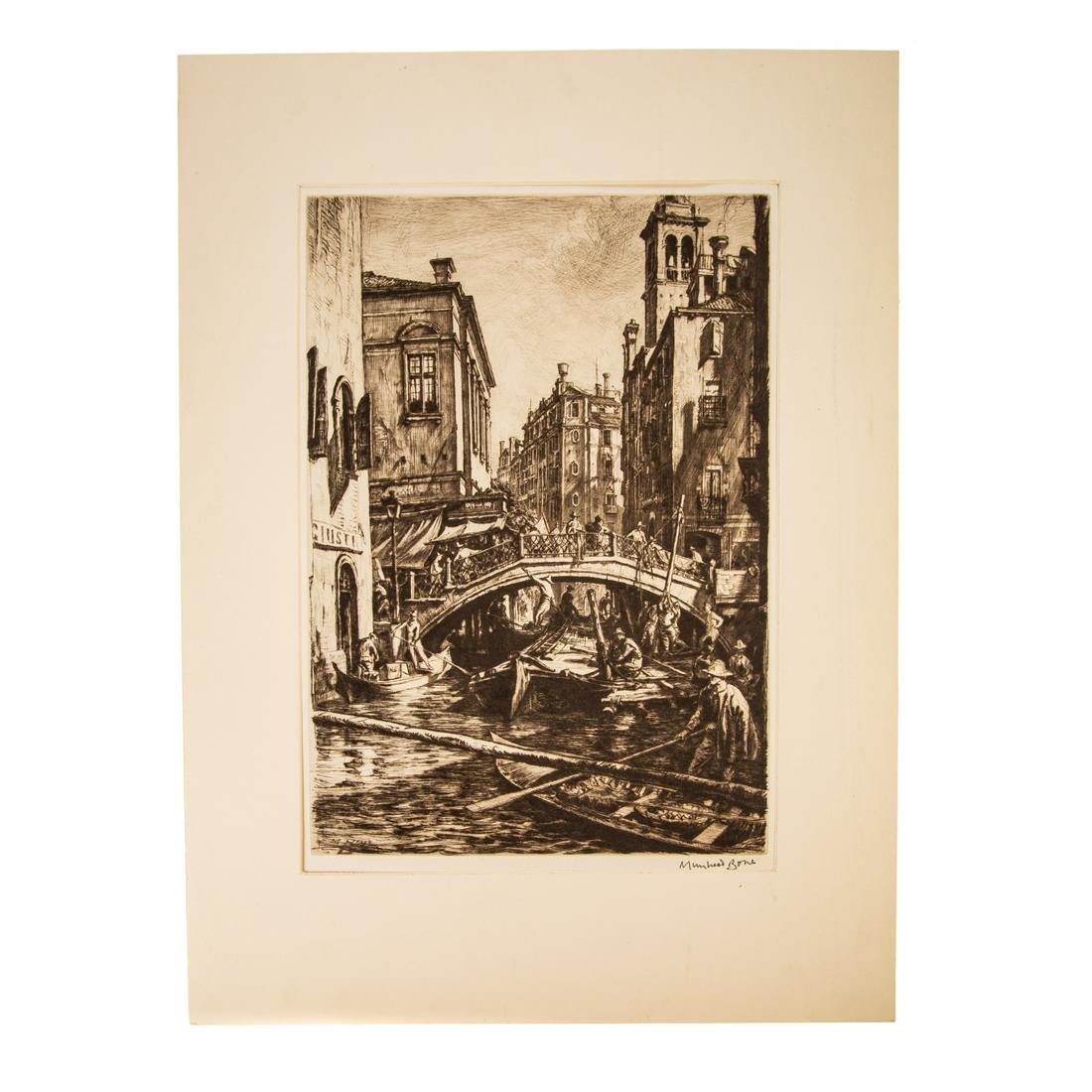 David Muirhead Bone. "Venice," etching: (British, 1876-1953). "Canal and Bridge of SS. Apostoli, Venice," etching, pencil signed "Muirhead Bone" lr, sheet size: 15 1/2 x 11 in., unframed.