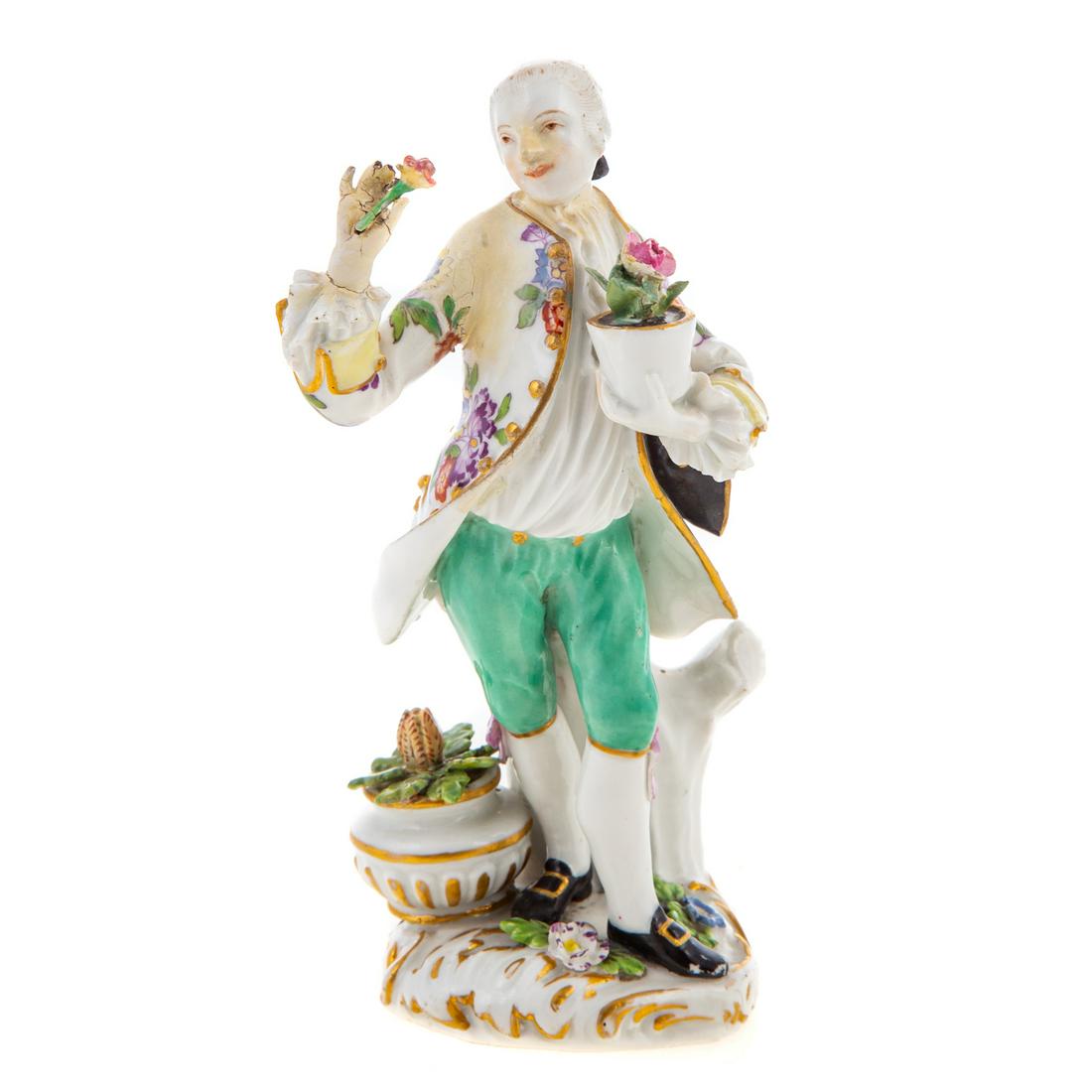 Meissen Porcelain Gardner: 19th century; rococo man admiring his flowers, 5 1/2 in. H.