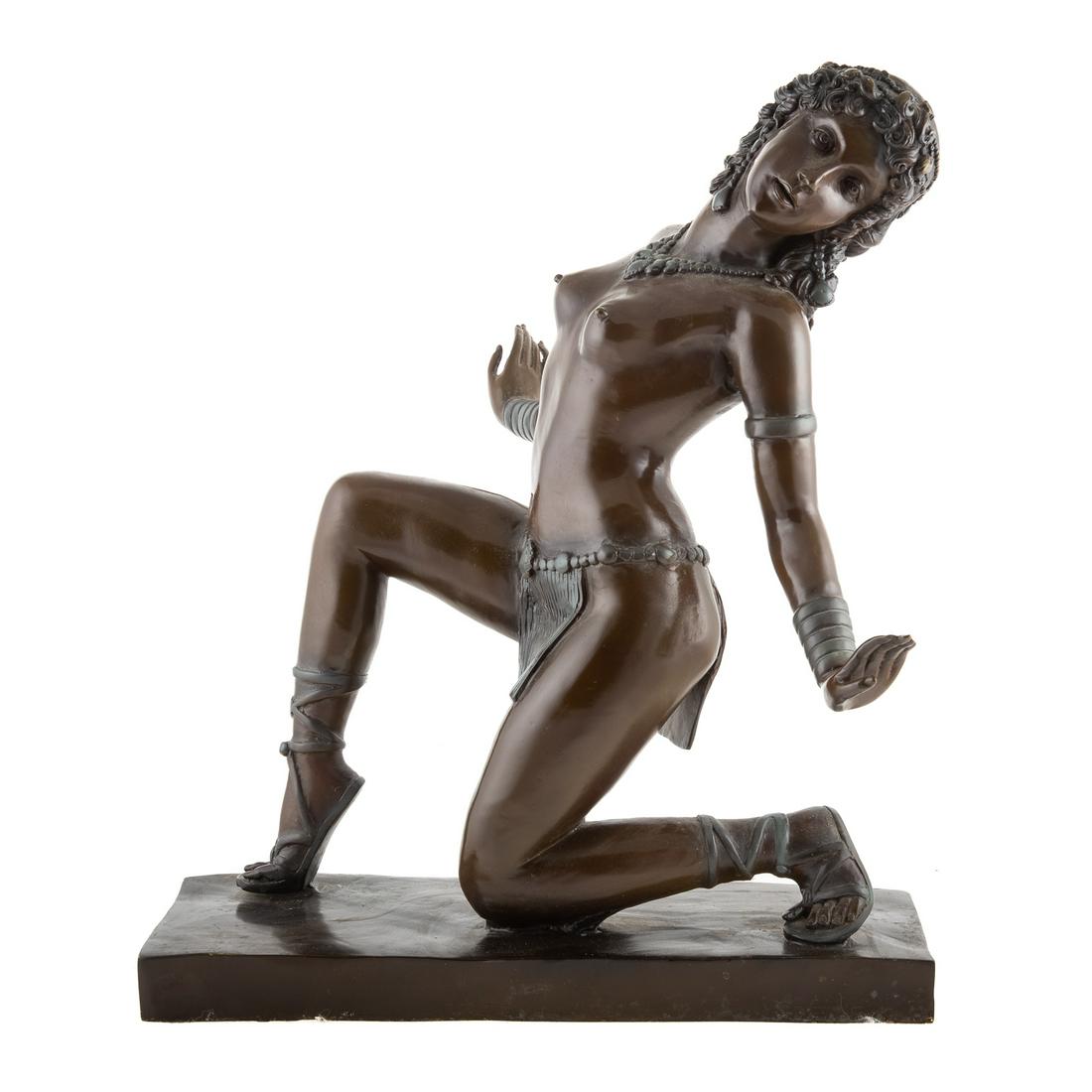 Art Deco Style Exotic Dancer Bronze: 20th century; patinated and painted bronze figure of female nude, 20 in. H., 16 in. W.