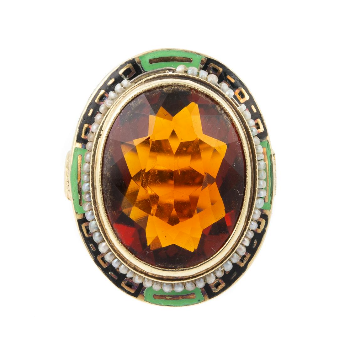 An Art Deco Citrine Enamel Ring in 14K (1 of 7)