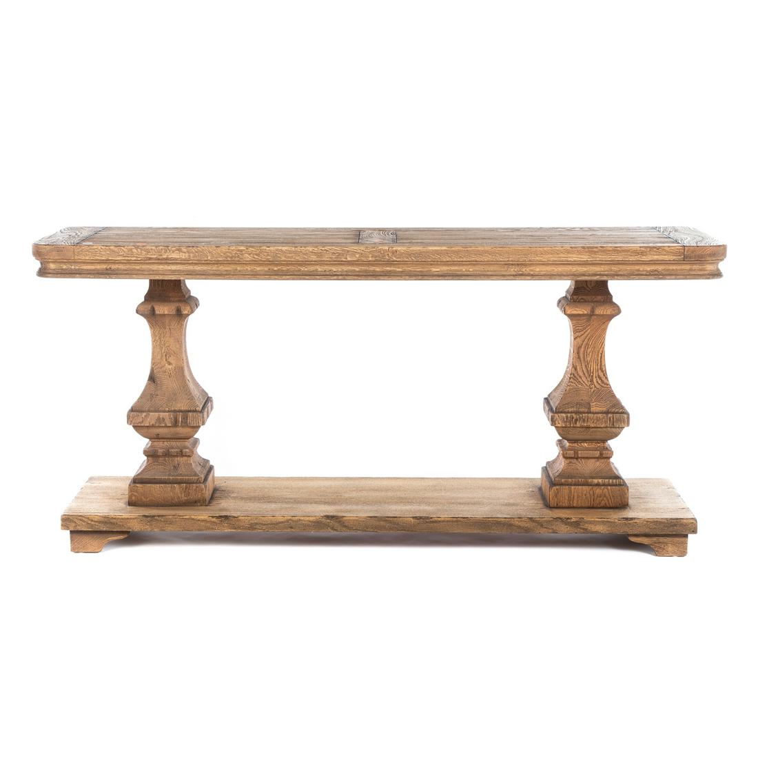 Rustic French Style Console Table: 20th century; on double pedestal base, probably made by Restoration Hardware, unmarked. 34 in. H., 72 in. L., 20 in. D.