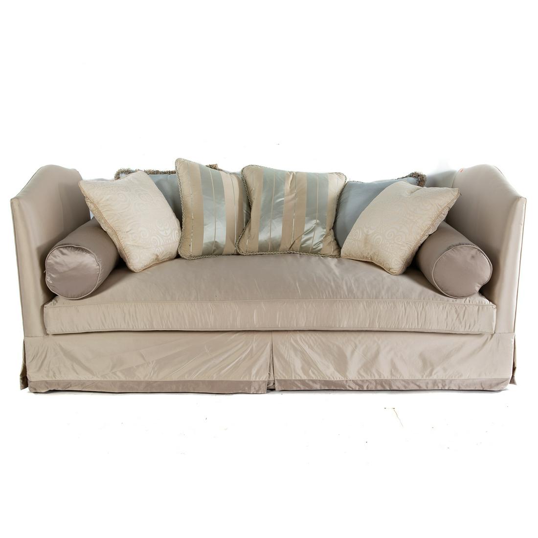 Swain Silk Upholstered Day Bed: Having custom silk upholstered fabric. 36 in. H., 85 in. L., 35 in. W.