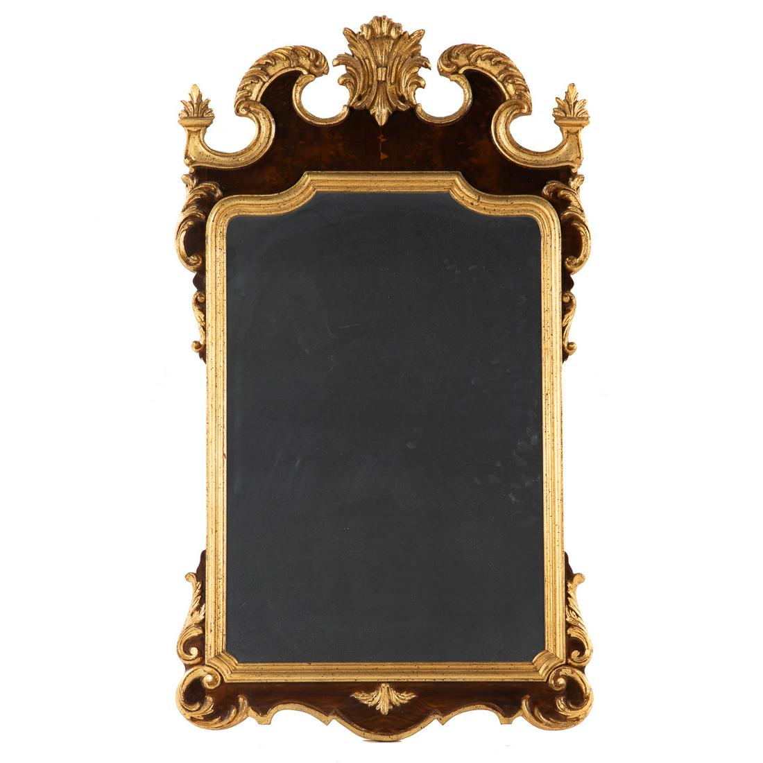 Italian Rococo Style Ethan Allen Mirror: 20th century; burled walnut and gilt wood. Marked on back "Made in Italy, Ethan Allen" 47 in. H., 26 in. W.