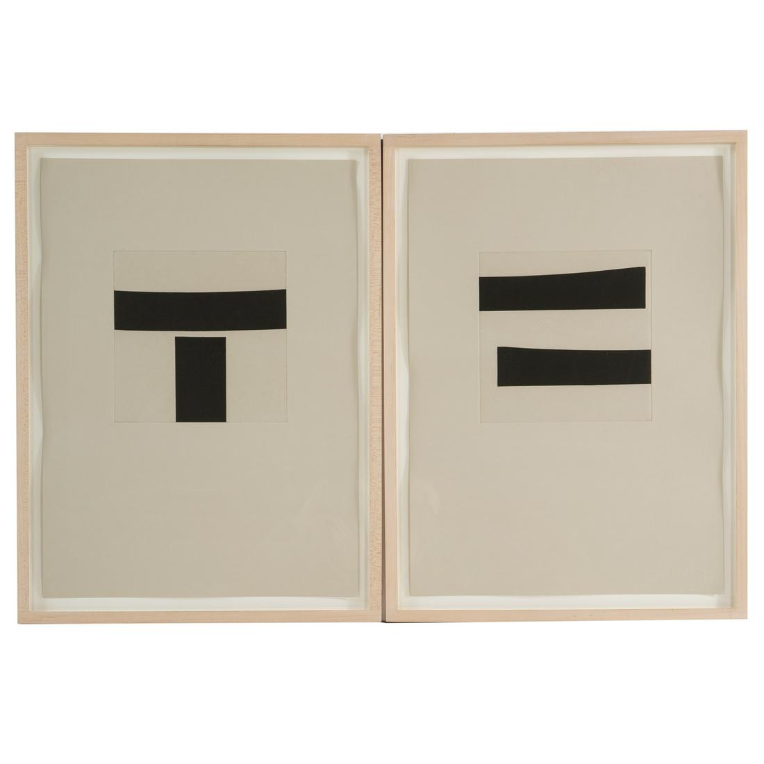 Kevin Strickland. Two Linear Abstracts, etchings: (American, 20th century). Etchings on grey paper, signed and ed. on verso, frames stamped "Kevin Strickland Art Services" on verso, blind stamp lr, sheet size each: 19 3/4 x 14 1/4 in., both framed. F