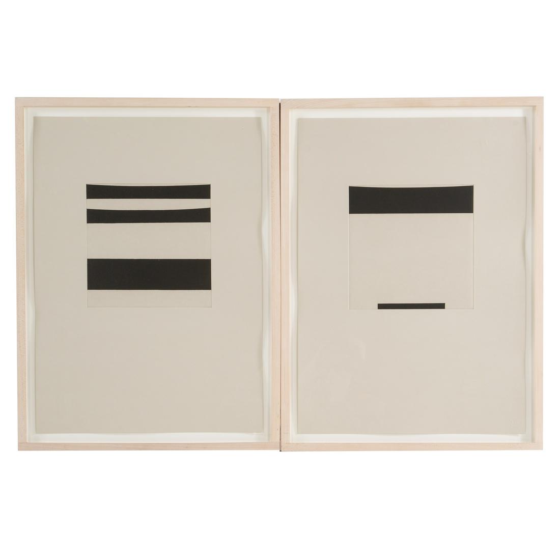 Kevin Strickland. Two Linear Abstracts, etchings: (American, 20th century). Etchings on grey paper, signed and ed. on verso, frames stamped "Kevin Strickland Art Services" on verso, blind stamp lr, sheet size each: 19 3/4 x 14 1/4 in., both framed. F