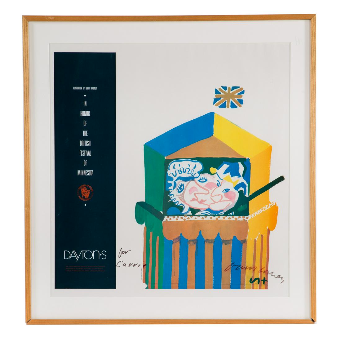 David Hockney. Signed Exhibition Poster, lithograph: (British, b. 1937). Offset lithograph exhibition poster, in honor of The British Festival of Minnesota in conjunction with the Walker Art Center, Minneapolis, MN, ink signed "David Hockney" lr, inscri