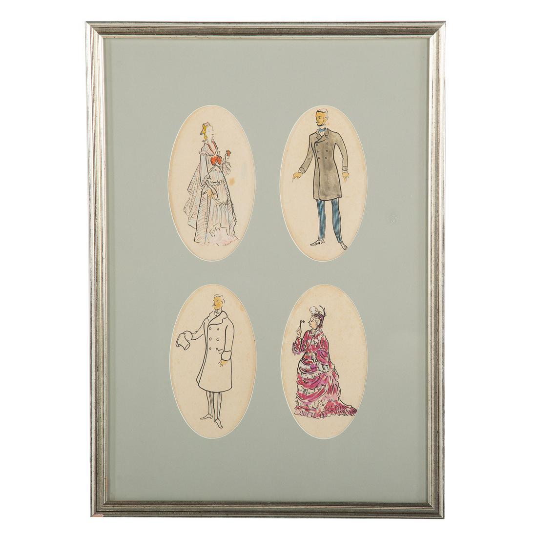 Cecil Beaton. Costume Designs, ink and watercolor: (British, 1904-1980). Ink and watercolor on paper, series of four costume designs for the production of "Quadrille" by Noel Coward, London, 1952, identifying information affixed on verso, sight size e