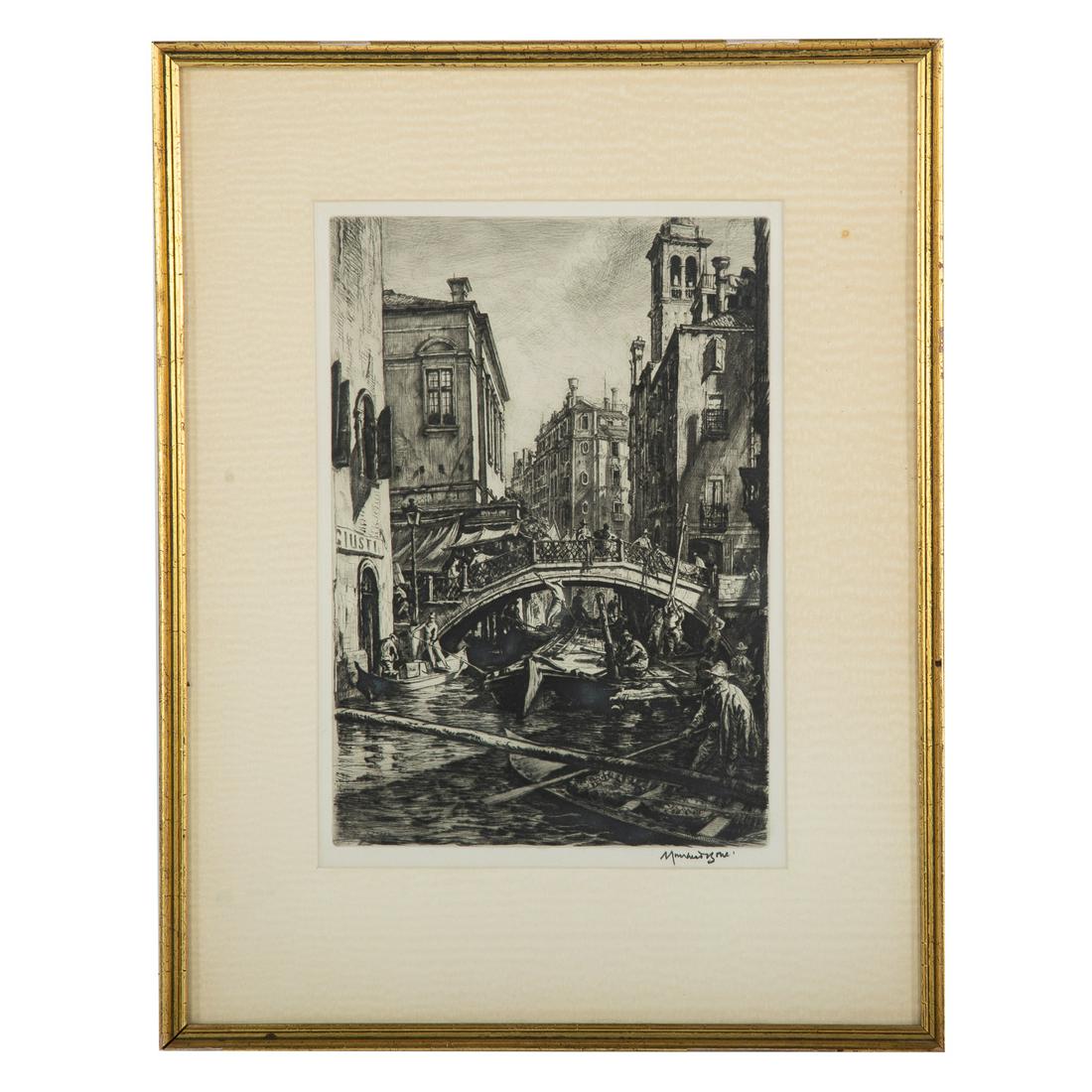 David Muirhead Bone. "Venice," etching: (British, 1876-1953). "Canal and Bridge of SS. Apostoli, Venice," etching, pencil signed "Muirhead Bone" lr, sheet size: 15 1/2 x 11 in., unframed.