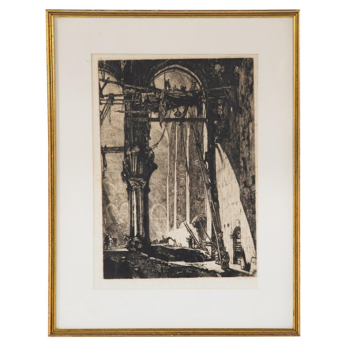 David Muirhead Bone. Demolition of St. James Hall,: (British, 1876-1953). Etching, pencil signed "Muirhead Bone" lr, plate size: 15 3/4 x 11 in., framed.
