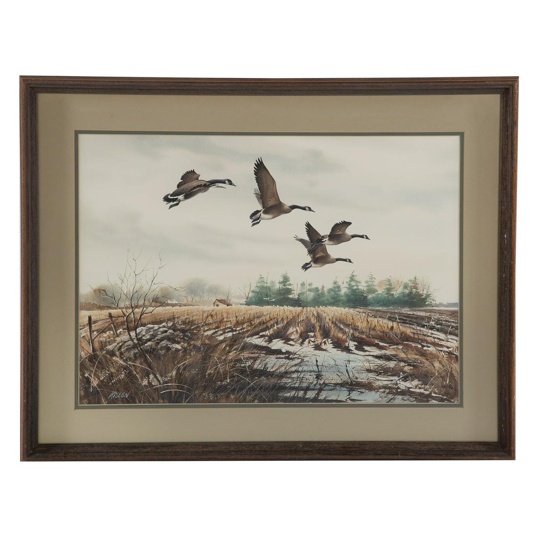 James Killen. Geese Flying Over Marsh, watercolor: (American, b. 1934). Watercolor on paper, signed "Killen" ll, sight size: 19 1/2 x 27 1/2 in., framed.