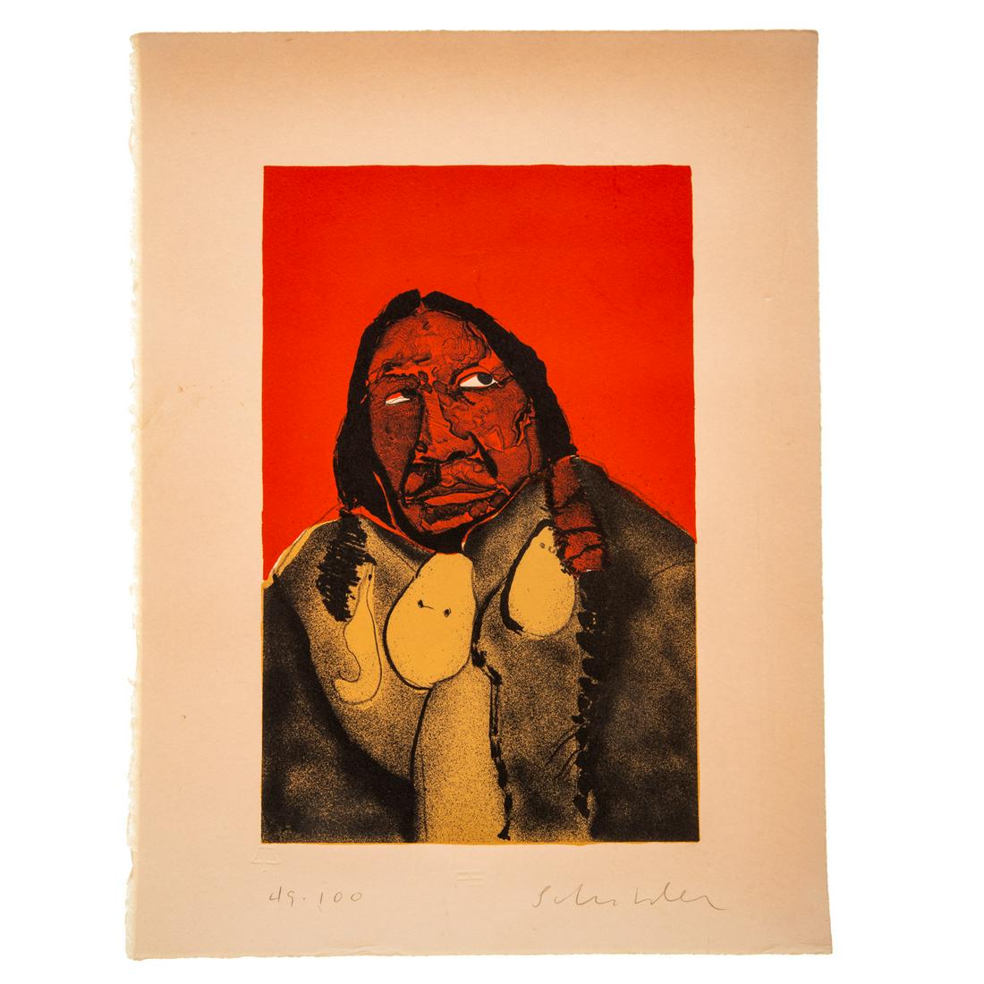 Fritz William Scholder. Indian Portrait #2, lithograph: (American, 1937-2005). Color lithograph, ed. 49/100, pencil signed "Scholder" lr, blind stamps in lower margin, sheet size: 15 x 11 in., unframed. From the Estate of Philip S. Dubey.