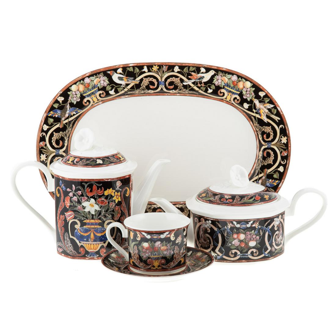 Gallo China, Intarsia Partial Dinner Service: Approx. 73 pieces, includes; 15 lunch plates, 11 bread plates, 8 bouillon plates, 9 under plates, 8 coffee/tea cups, 4 saucers, 3 platters, small meat platter, 6 soup plates, 2 sugar bowls, creamer, c