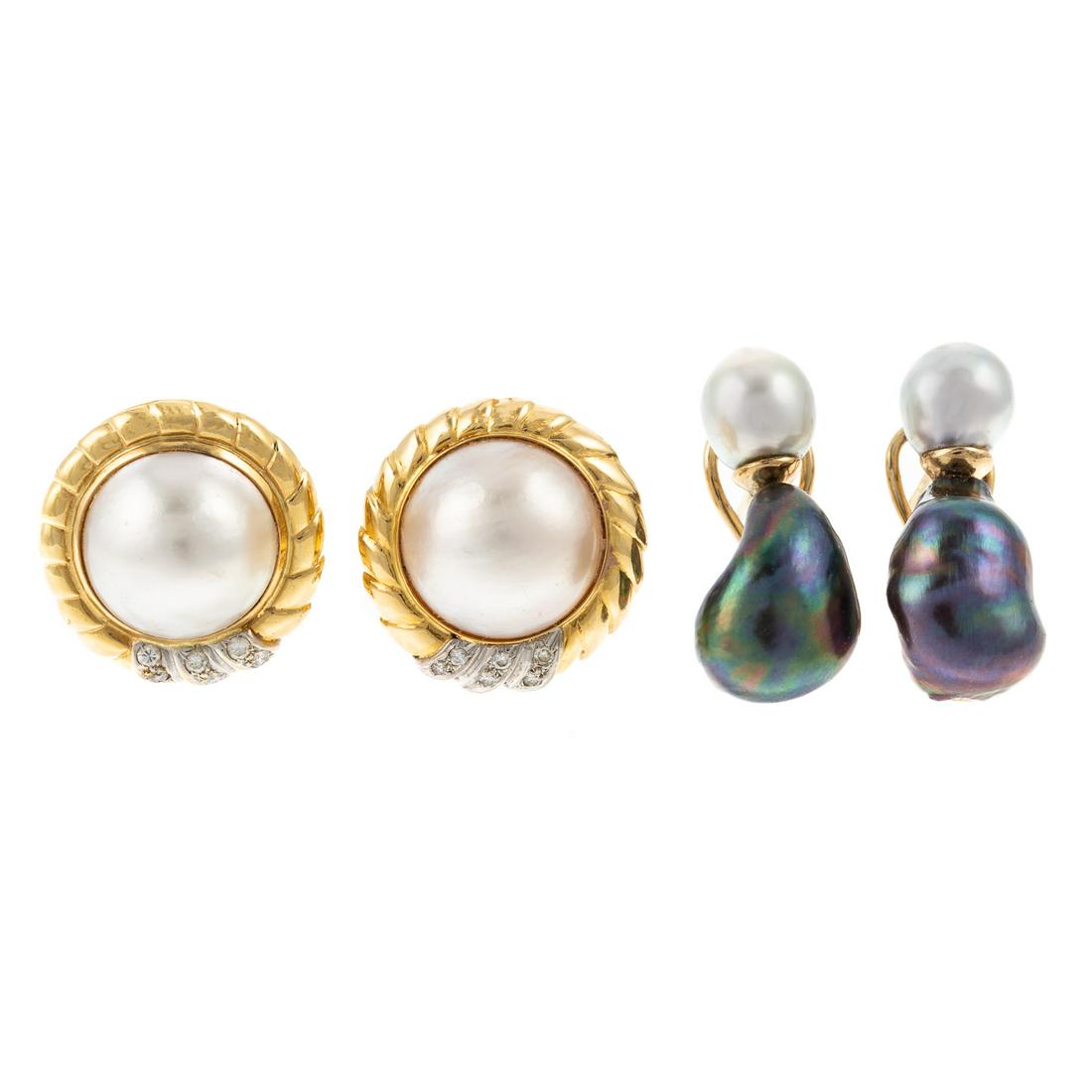 Two Pairs of Classic Pearl Earrings in 18K & 14K: 1) 18K yellow mabe pearl earrings with high polished twist frame and diamond accents, posts with Omega backs, 1 in. W and 2) 14K yellow gold light and dark grey blister pearl earrings, posts with Omeg
