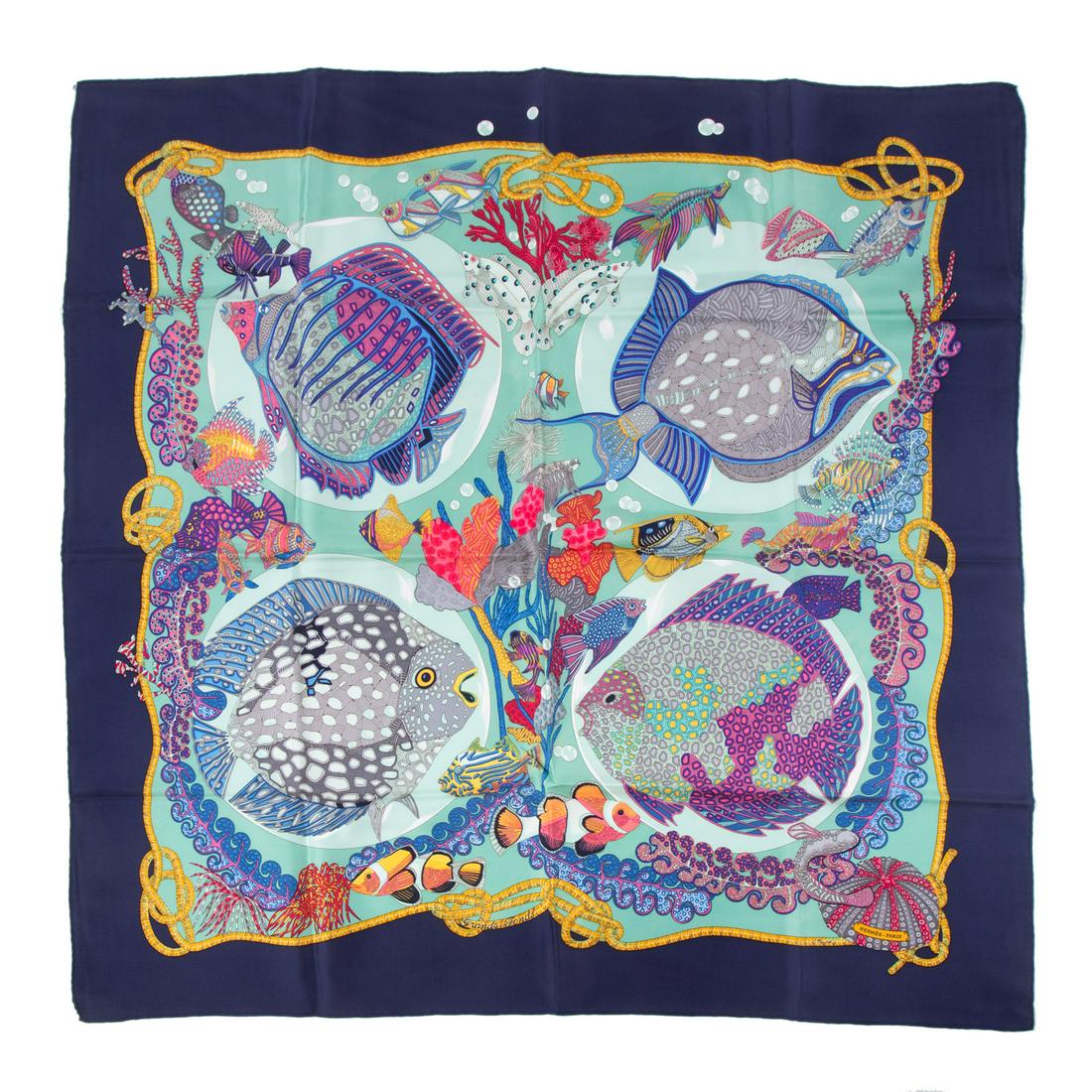 An Hermes “Grands Fonds” Scarf: Black and multicolor Hermes 90 cm silk scarf with â€œGrands Fonds” motif and hand rolled edges