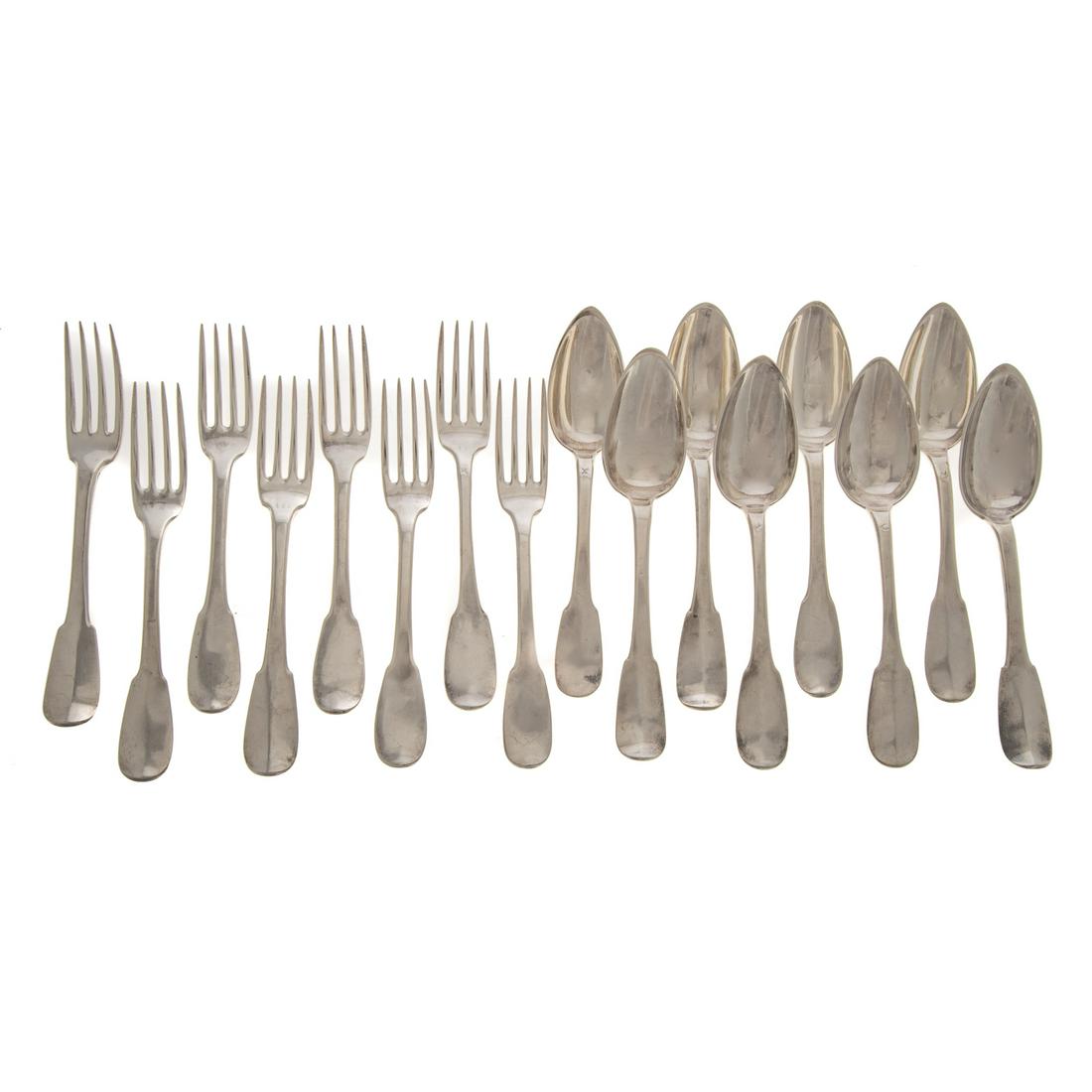16 French Silver Armorial Forks & Spoons: 18-19th century, various makers, many with vieillard 950 silver standard mark, comprising eight forks and eight spoons, the reverse of each terminal with chased armorial crest, 7 3/4 in. to 7 7/8 in.
