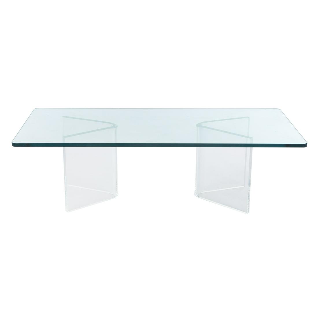 Contemporary Glass Top Coffee Table on Lucite Base: Three piece coffee table, 16 in. H., 54 in. W., 24 in. D.