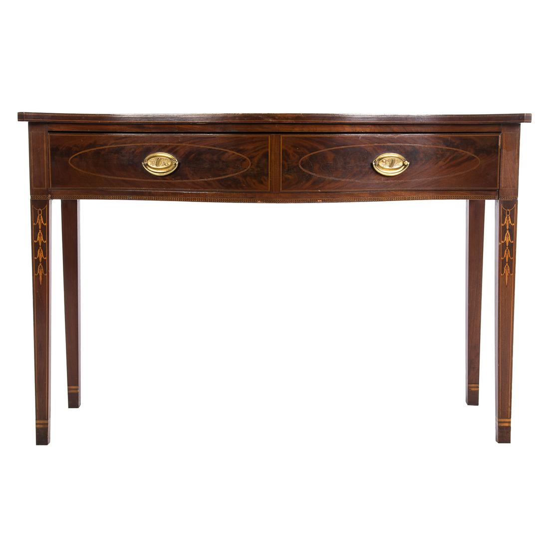 Potthast Federal Style Inlaid Mahogany Server: 20th century; with serpentine front, single long drawer with line and bell flower inlay, 33 in. H., 49 in. W., 22 in. D.