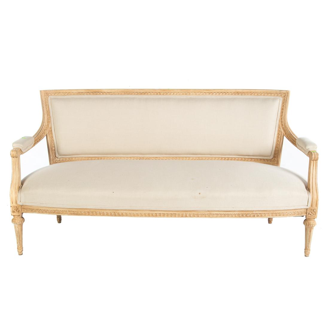 Louis XVI Style Upholstered Settee: 20th century; painted wood frame, 35 in. H., 69 in. W., 24 in. D.