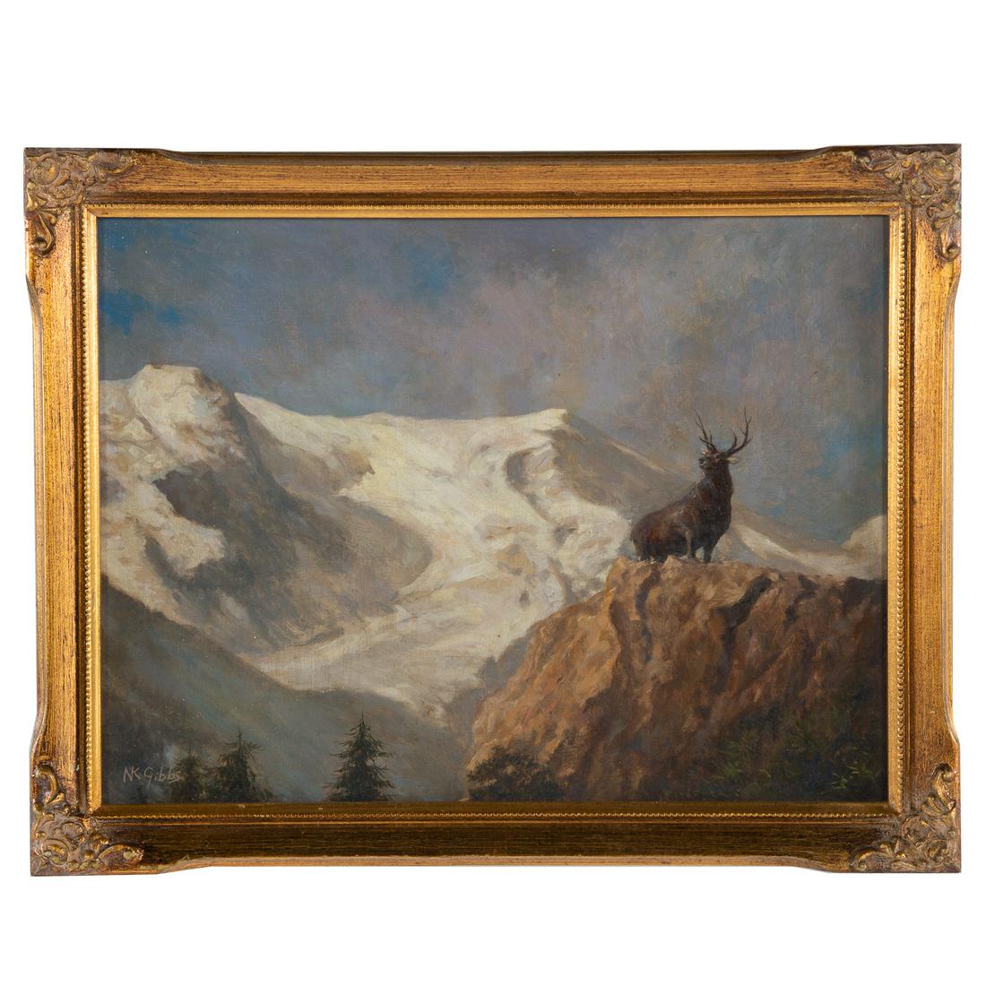 Nathaniel K. Gibbs. "Snow Majestic," oil: (American, 1948-2018). Oil on board, signed "Nk Gibbs" ll, additional information on verso, 12 x 16 in., framed. From the Estate of Artist Nathaniel Kato Gibbs, Baltimore, MD.