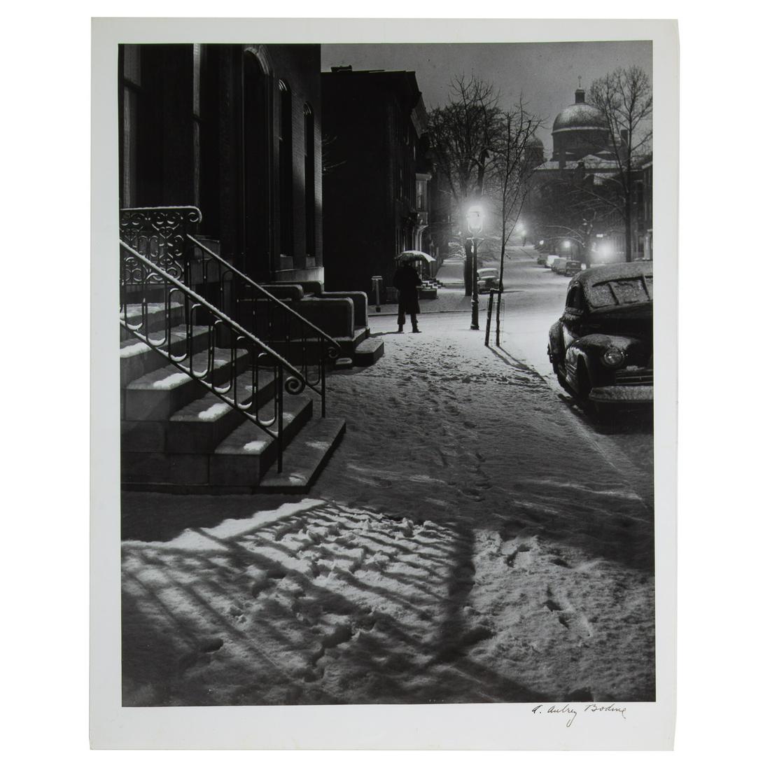 A. Aubrey Bodine. "Snow, Lanvale Street," photo: (American, 1906-1970). Gelatin silver print, signed "A. Aubrey Bodine" lr, photographer stamp on verso, each 14 x 11 in., unframed.