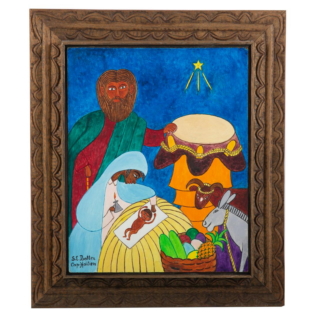 Seymour Ettienne Bottex. Nativity, oil: (Haitian, 1920-2016). Oil on masonite, signed "S.E. Bottex, Cap-Haitien" ll, 20 x 16 in., framed.