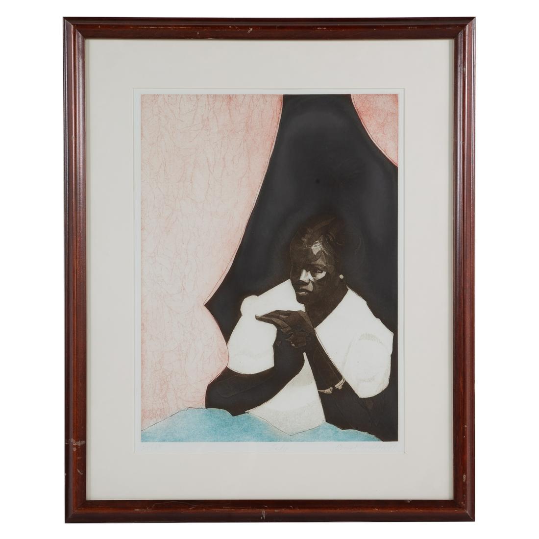 Ernest Crichlow. "Lady," etching and aquatint: (American, 1914-2005). Etching and aquatint, ed. 25/57, signed "Ernest Crichlow" lr titled lc, sight size: 24 3/4 x 18 1/2 in., framed.