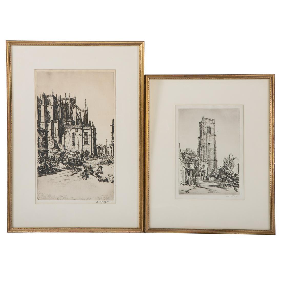 David Muirhead Bone. Two Framed Etchings: (British, 1876-1953) 1.) "Study for Leon Apse," etching, signed lr, plate size: 14 3/4 x 8 3/4 in., framed. 2.) "Happisburgh Church, Norfolk," drypoint, signed lr, plate size: 9 3/4 x 7 in., framed.