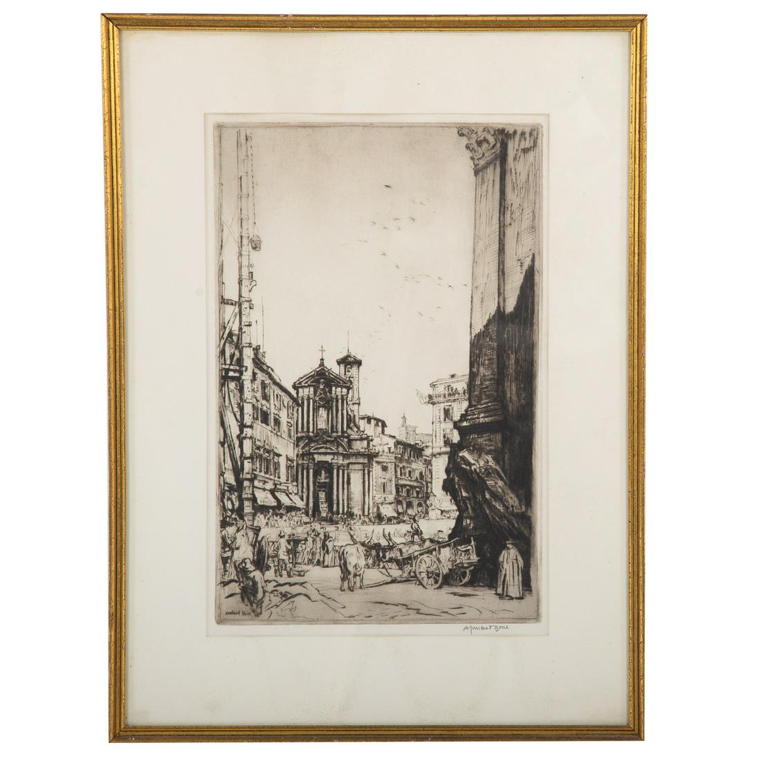 David Muirhead Bone. "Trevi Fountain, Rome": (British, 1876-1953). Etching, pencil signed "Muirhead Bone" lr, sight size: 16 1/2 x 10 3/4 in., framed.