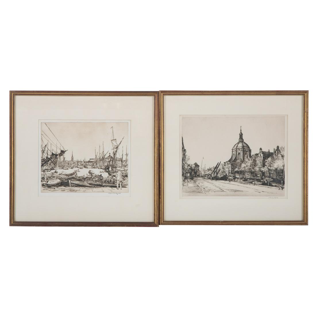 David Muirhead Bone. Two Framed Etchings: (British, 1876-1953) 1.) "Leyden," etching, signed lr, plate size: 9 x 11 1/2 in., framed. 2.) ""Strandvagen - Stockholm," etching, signed lr, plate size: 7 3/4 x 9 3/4 in., framed.