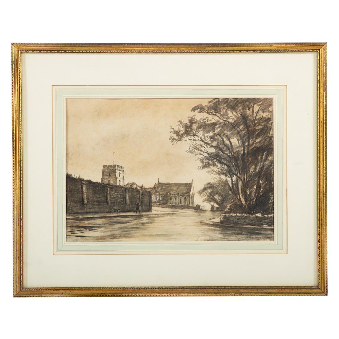 David Muirhead Bone. "Wet Sunday, Bamborough": (British, 1876-1953). Graphite and charcoal on paper, signed "Muirhead Bone" lr, sight size: 9 1/2 x 14 in., framed.