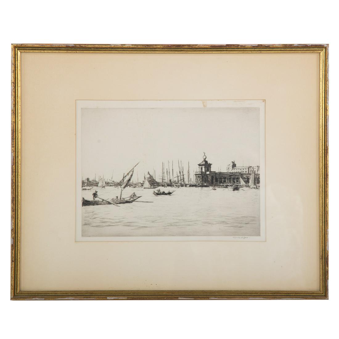 David Muirhead Bone. "Dogana, Venice," etching: (British, 1876-1953). Etching, pencil signed "Muirhead Bone" lr, sight size: 8 1/2 x 11 1/2 in., framed.