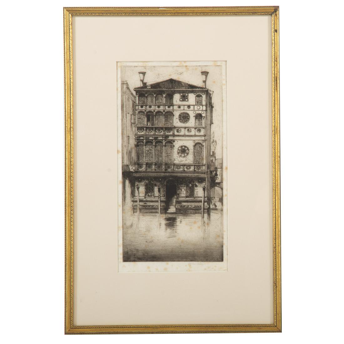 David Young Cameron. "Johannes Darius," etching: (British, 1865-1945). Etching, pencil signed "D.Y. Cameron" lr, plate size: 12 1/2 x 6 1/2 in., framed.