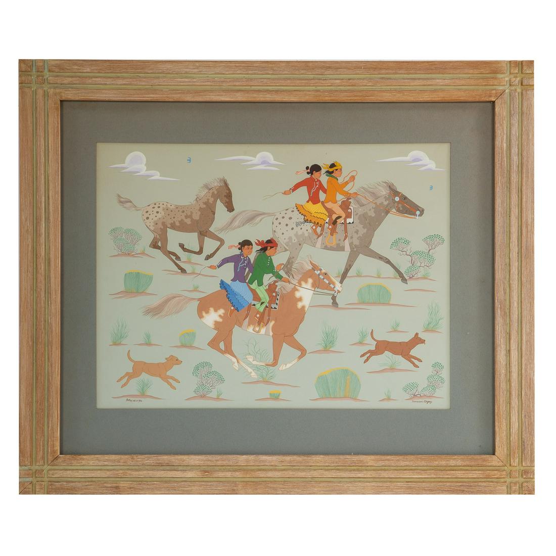 Harrison Begay. Navajo Riders, gouache: (American, 1917-2012). Gouache on paper, signed "Harrison Begay" lr, sight size: 14 1/4 x 19 in., framed.