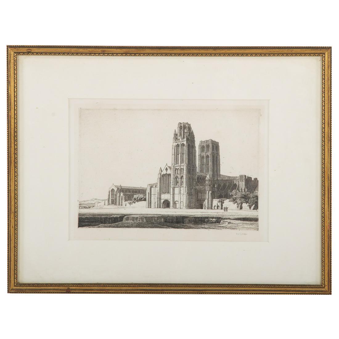 Frederick Landseer Griggs. "The Minster," etching: (British, 1876-1938). Etching, pencil signed "F.L. Griggs" lr, sight size: 7 3/4 x 11 in., framed.
