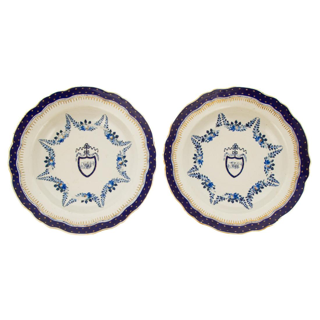 Two Chinese Export New York Market 9" Watson Plates: Qianlong Era, late 18th century pair of shaped soup plates with cobalt and star band border, center with floral festoons forming a star with ribbon and shield with initials JMW, gilt accents. 9 in. Di