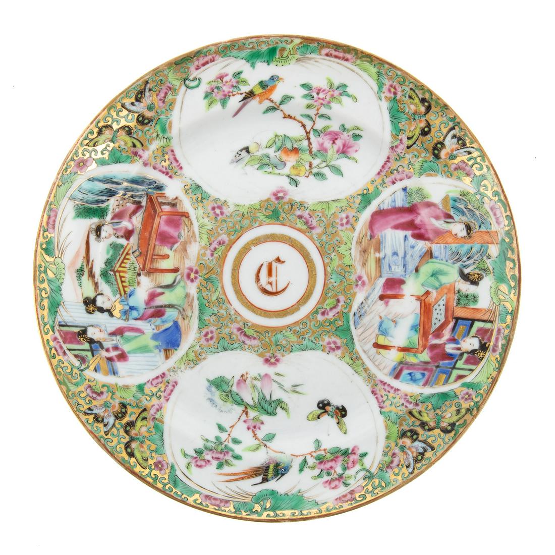 Tennessee Market Canton Famille Rose Carter Plate: Xianfeng Era, circa 1850-60 plate decorated in the Rose Medallion palette, with large gilt letter C in center medallion for Samuel P. Carter. Samuel P. Carter of Tennessee (1819-1891) who was posed to