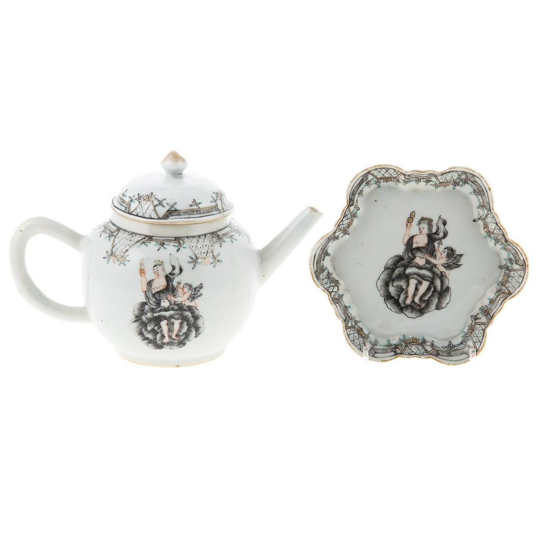 Chinese Export Mythological Tea Pot & Stand: A fine Chinese Export Mythological Subject Teapot and Stand for the European continental market. Early Qianlong Era, circa 1745 globular teapot with en grisaille decoration of Venus and Cupid in en gr