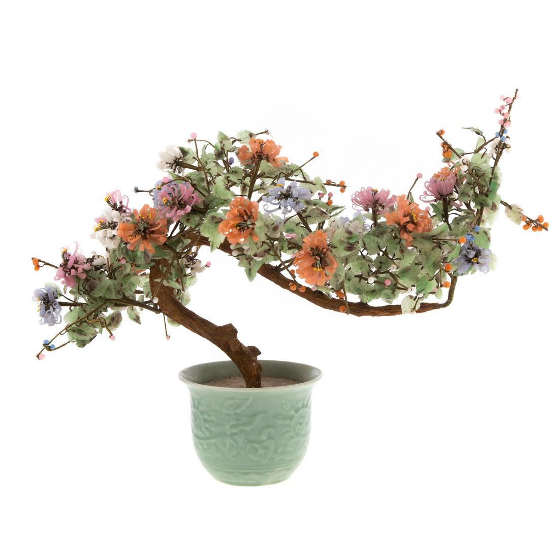 Chinese Export Glass & Stone Tree: Republic Period, circa 1930s Wood trunk and boughs with carved mineral and glass leaves and buds, in green celadon ceramic planter pot. 16 in. High.