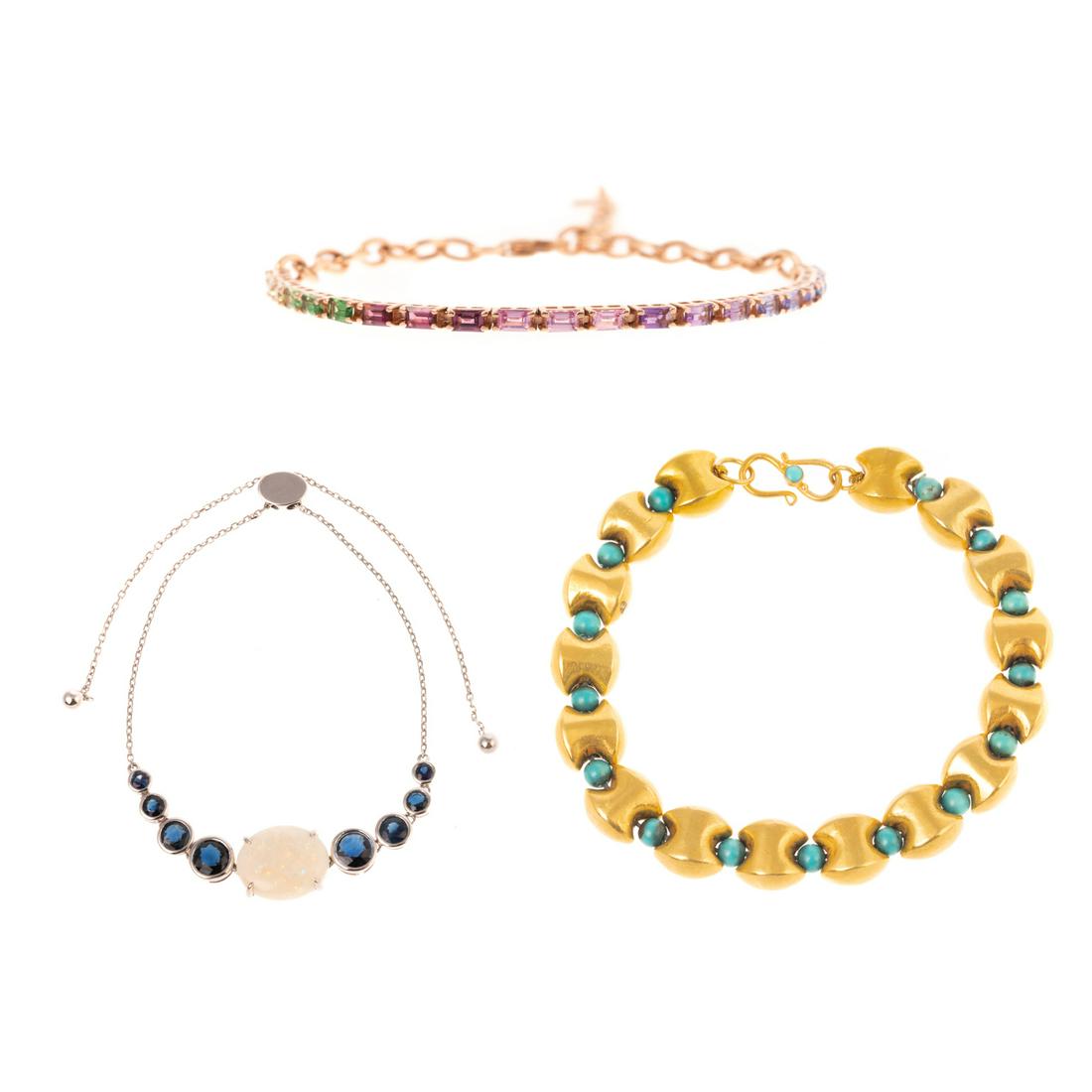 Three Link Bracelets in 14 & 18K with Gemstones: 1) 14K rose gold bracelet with variously colored gemstones, adjustable length, 8 in. L, 2) 18K yellow gold textured link bracelet with alternating turquoise beads, hook clasp, 7 in. L, and 3) 14K whit