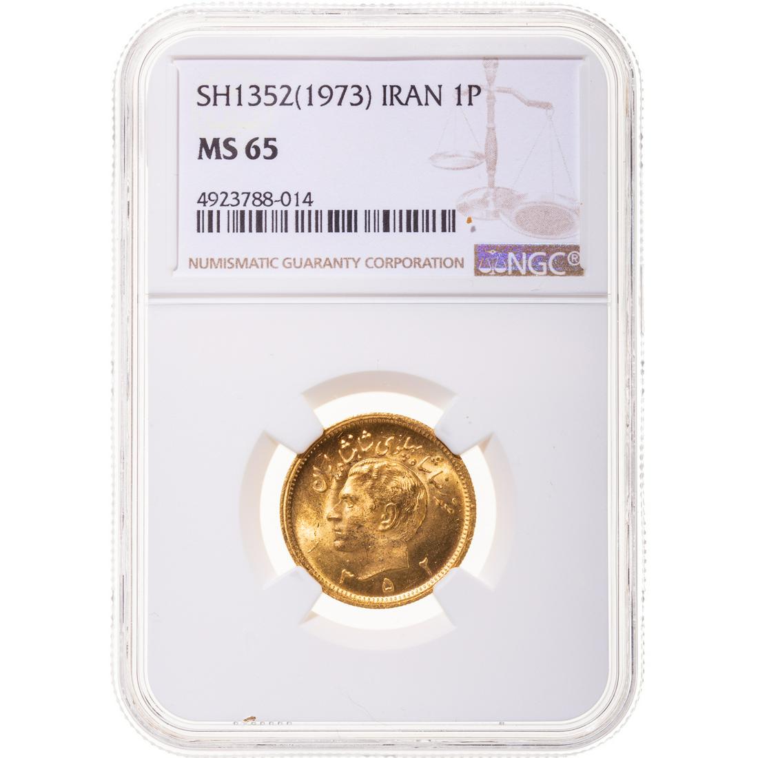 1973 (SH 1352) Iran Gold 1 Pahlavi NGC MS65: From 1973 (SH 1352), an Iran Gold 1 Pahlavi with Muhammad Reza Pahlavi Shah on the obverse with "Aryamehr" added to the legend. The reverse has the Persian lion with sword